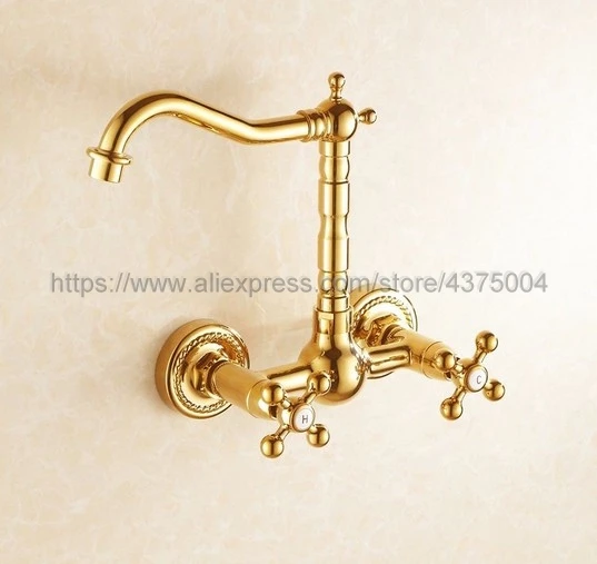 الفاخرة الذهب اللون النحاس الحائط مزدوجة مقبض صنبور الحمام الغرور سفينة المصارف خلاط صنبور الباردة والساخنة مياه الحنفية ngf010