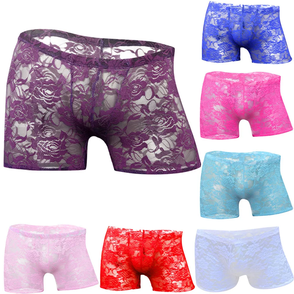 

mens underpants Men's Sexy Underwear Rose Lace Transparent Mesh Low Waist Boyshort
