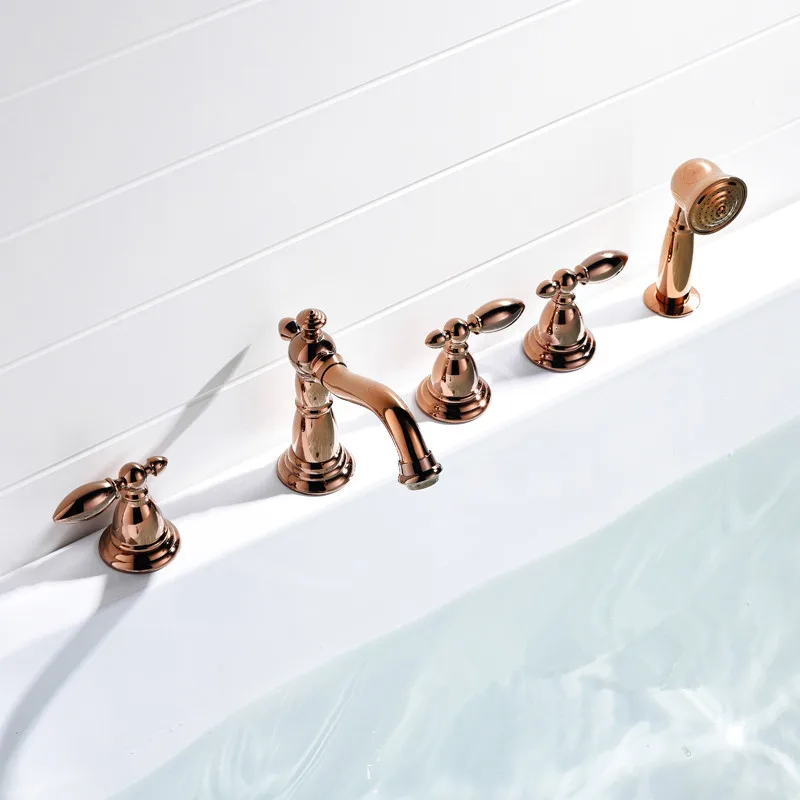 Contemporary Rose Gold Five Holes Widespread Bathtub Shower Faucet With