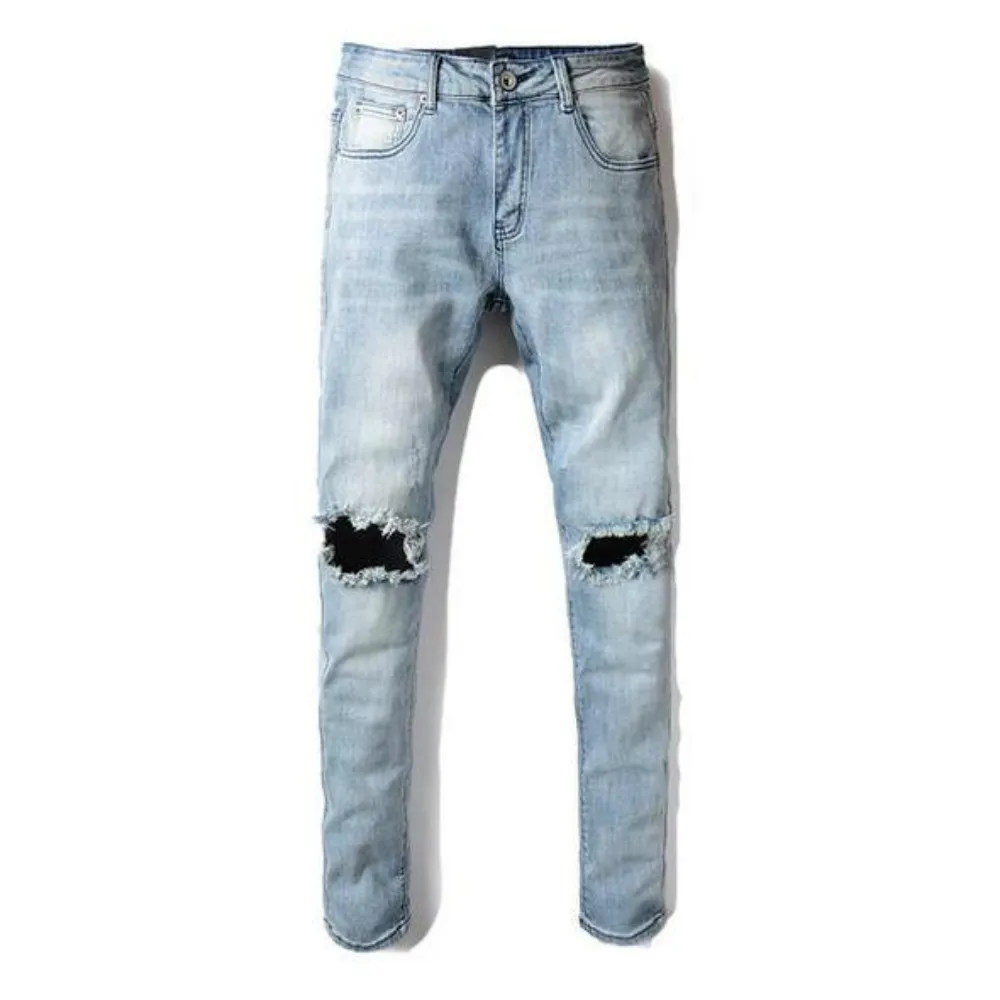 ONCEGALA Retro Design Fashion Mens Jeans Slim Fit Frayed Hole Patchwork