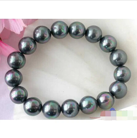 

STRETCH 8" 12MM PEACOCK BLACK ROUND SOUTH SEA SHELL PEARL BRACELET BANGLE Noble style Natural Fine jewe Fast (D) SHIPPING