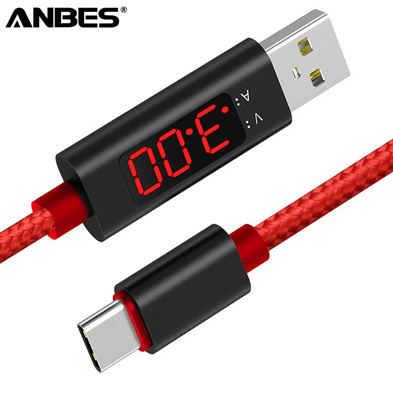 

ANBES 1M(3.28ft) Tpye C USB C Data Charging LED Digital Voltage and Current Display Nylon Braided USB Cable For Huawei Xiaomi LG