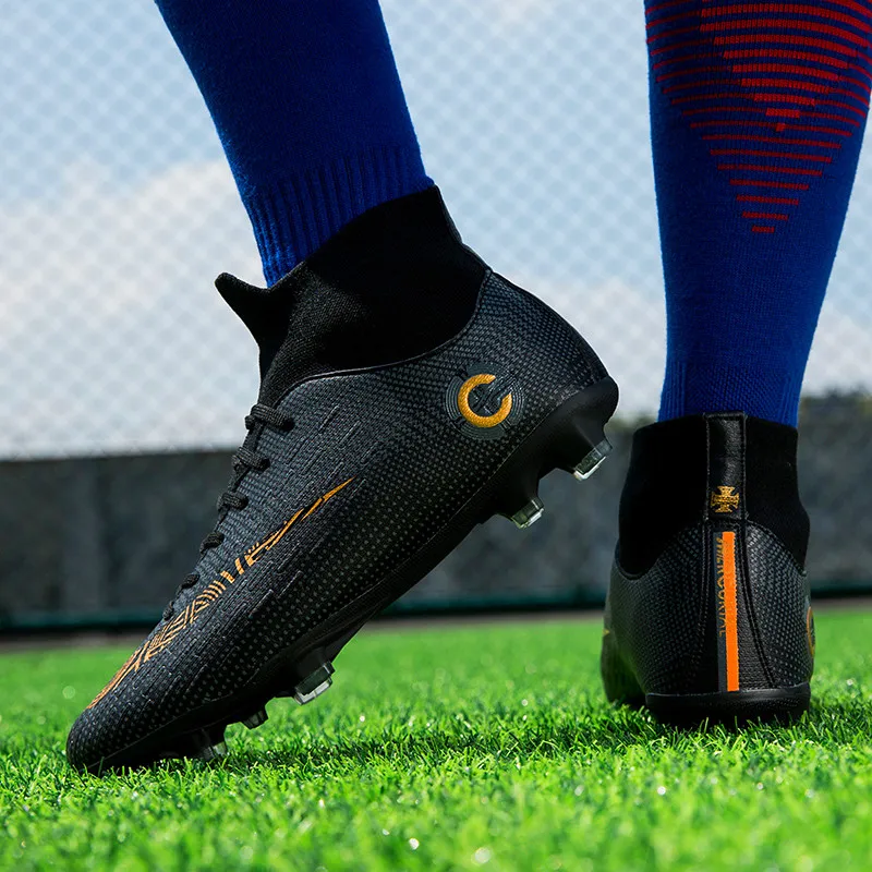 Для мужчин футбол Bppts высокие Training лодыжки AG подошва Открытый Бутсы Обувь для футбола Спайк Crampon бутсы - Color: Black