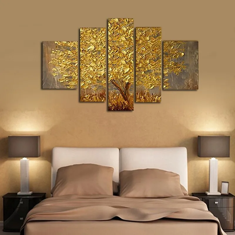 

Large Knife Handpainted Abstract Oil Paintings on Canvas Handmade 5 Piece Gold Tree Painting Modern Home Decor Wall Art Pictures