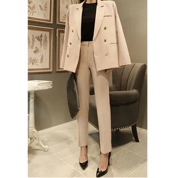 

New hot women's women's double-breasted fashion suit two-piece suit (jacket + pants) women's business formal office suit