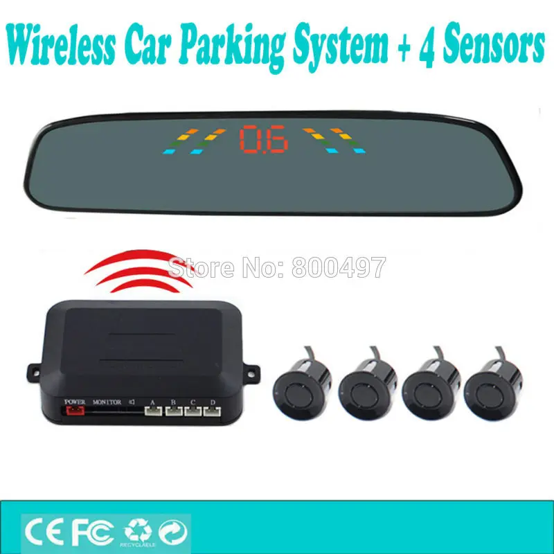Wireless Car Parking Assistance System with 4 Parking Sensors Rearview Mirror Display Auto Backup Reverse Radar System Alarm Kit