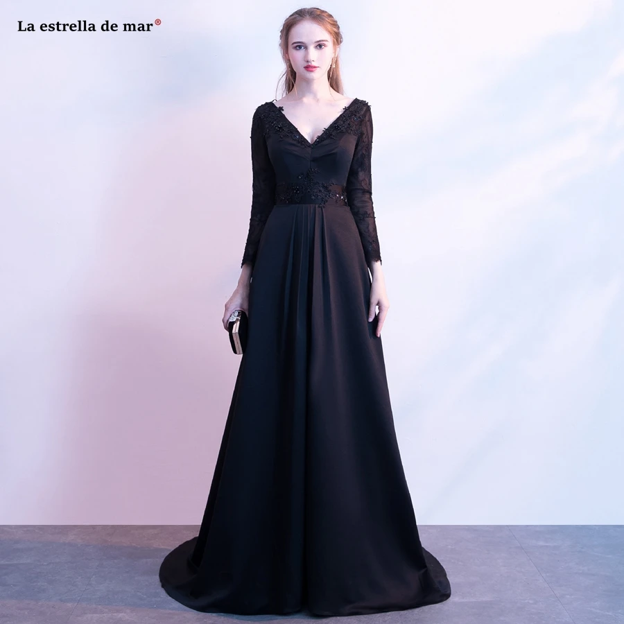 

Mother of the bride dresses 2019 new sexy V-neck halter lace satin long sleeve evening dress black serene hill cheap avondjurk