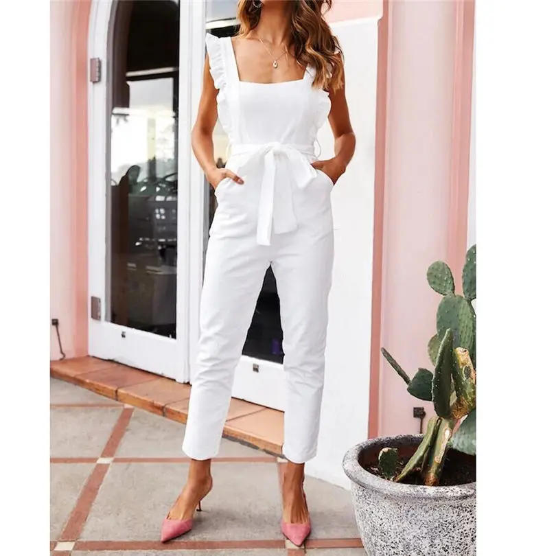New Women's Summer Fashion Casual Linen Shirred Frill Sleeves Pockets Jumpsuit Ladies Belted Summer Holiday #4A25 (3)