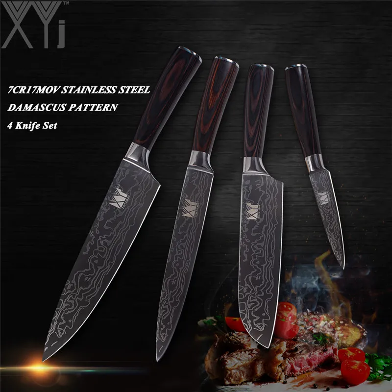 

XYj Beauty Pattern Stainless Steel Kitchen Knives 440A Imitation Damascus Pattern Knife Set Ultra-Sharp Blade Pakka Wood Handle