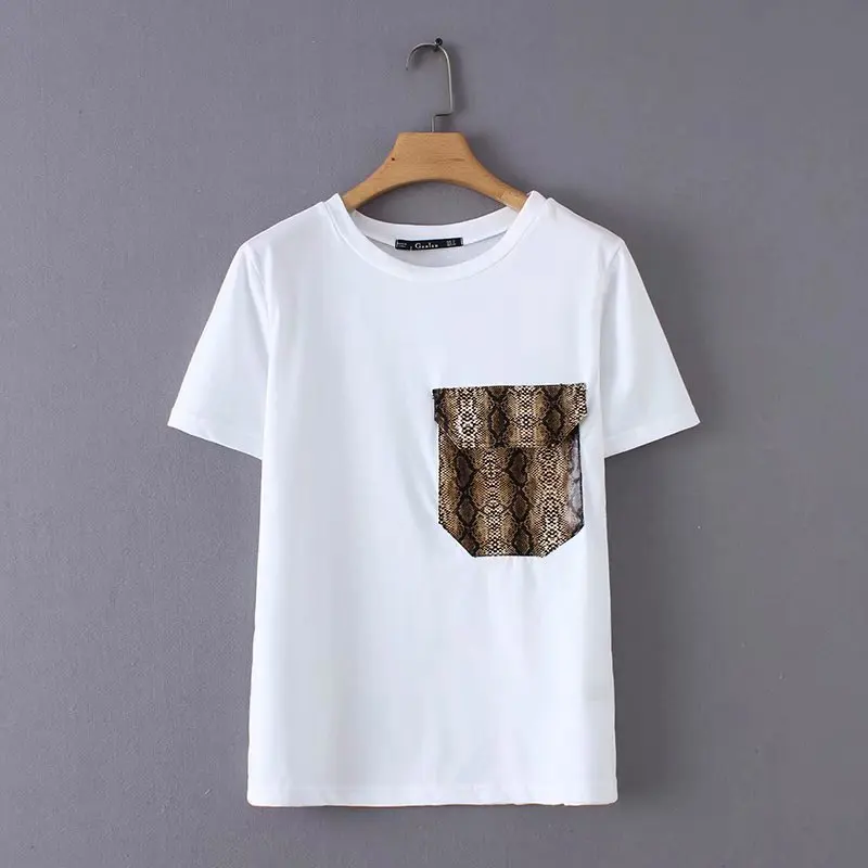

Fall 2018 Europe and the United States women's serpentine spell leather short sleeve T-shirt female 18121