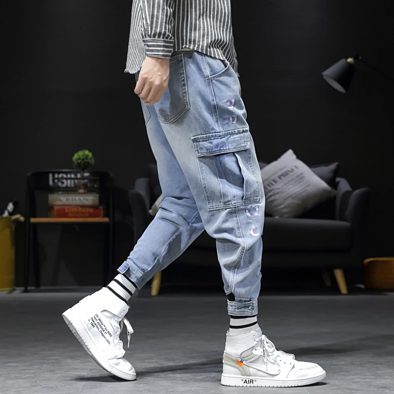 

Yehan Summer Denim Jeans Jogger For Men Fashion Light Blue Loose Baggy Plus Size Hip hop Cargo Harem Jeans Men Tapered Pants