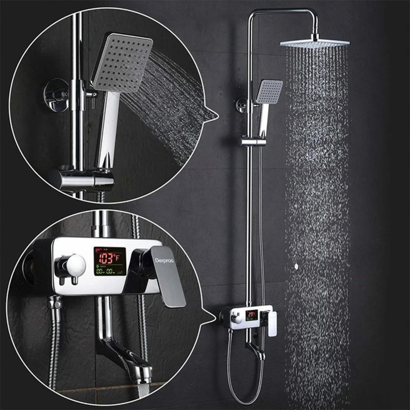 

Chrome Digital Shower Faucet Single Handle Bathroom Shower Faucet System Temperature Display Shower Mixer Swivel Spout