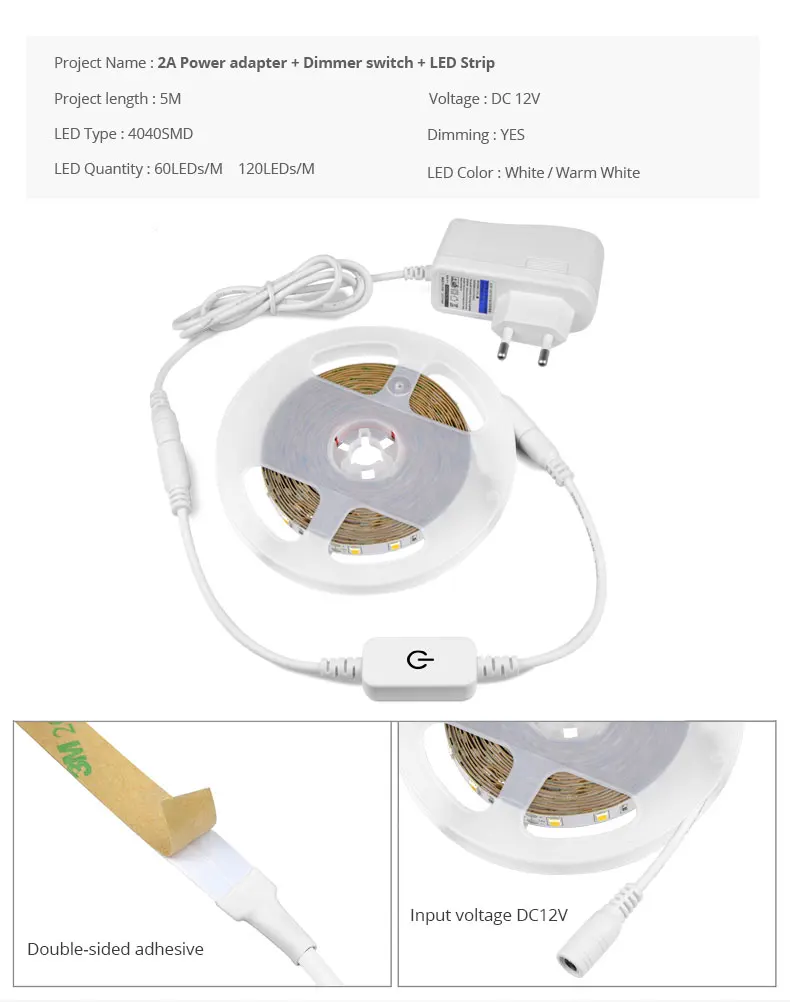 Затемнения СВЕТОДИОДНЫЙ Свет 12 V SMD4040 полосы света для Кухня Touch Управление 5 M ленты с 2A ЕС США адаптер питания под кабинет освещения