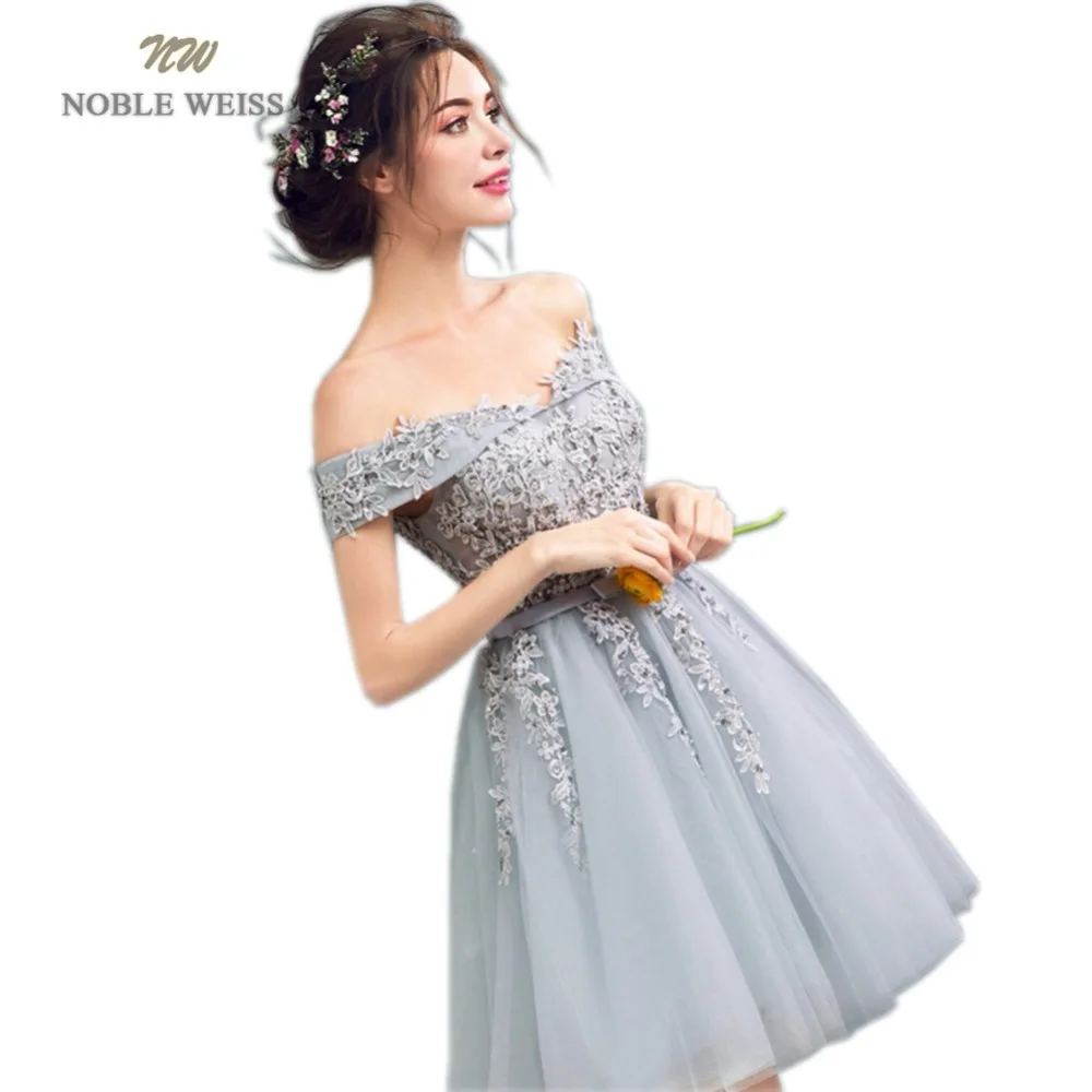 

NOBLE WEISS Mini Appliques Prom Dress 2019 Customized Fashion Beading Boat Neck Gray Tulle Party Gown Dresses