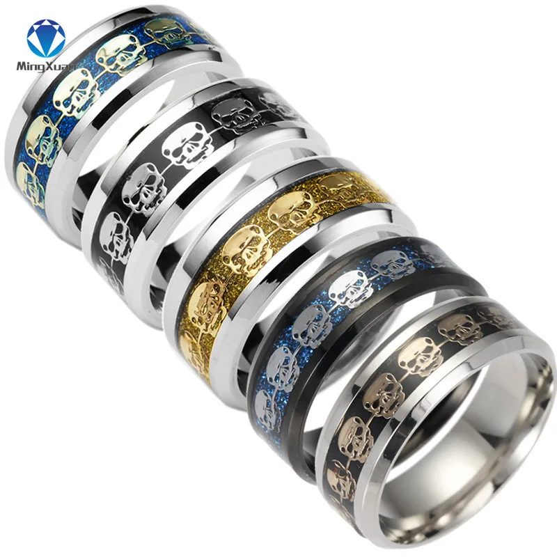 

4colors Mens Jewelry Never Fade Stainless Steel Skull Ring Gold Filled Blue Black Skeleton Pattern Man Biker Rings for Men Gift