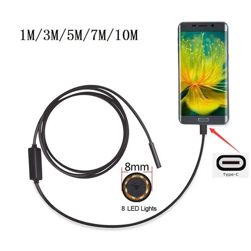 

8mm 2MP 8LED 1/3/5/7 M Android Phone USB Type C USB-C Endoscope mini camera Waterproof Borescope Snake Inspection Video Camera