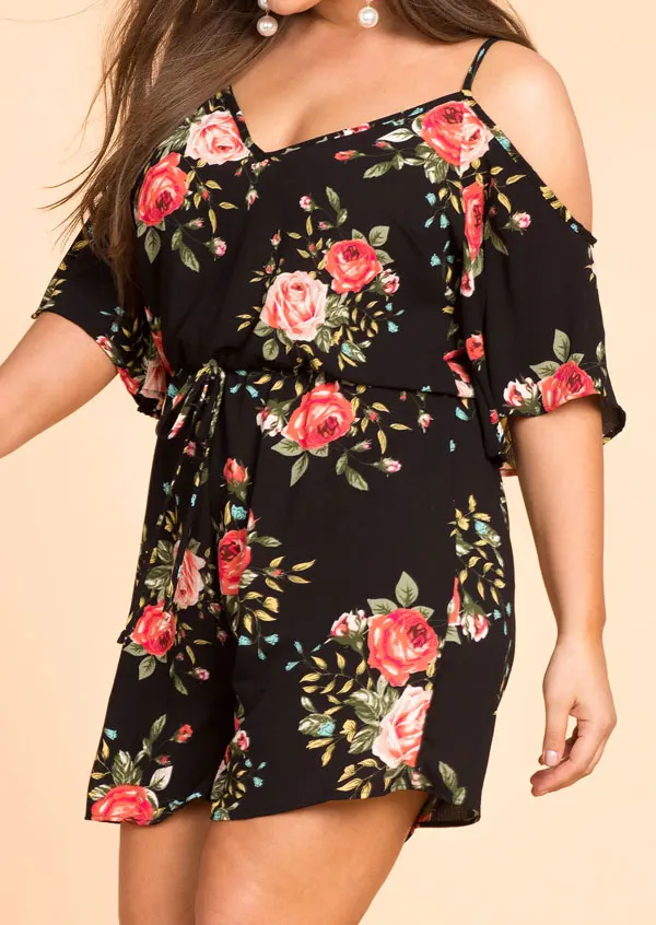 Plus Size casual loose playsuits Women Floral Cold Shoulder Romper Flower belt Spaghetti Straps Backless Ladies Playsuits Tops