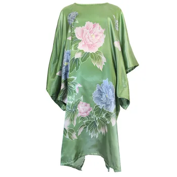 

Green Plus Size Nightdress Robe Women's Rayon Sleepwear Print Flower Bathrobe Kaftan Round Neck Casual Loose Night Dress