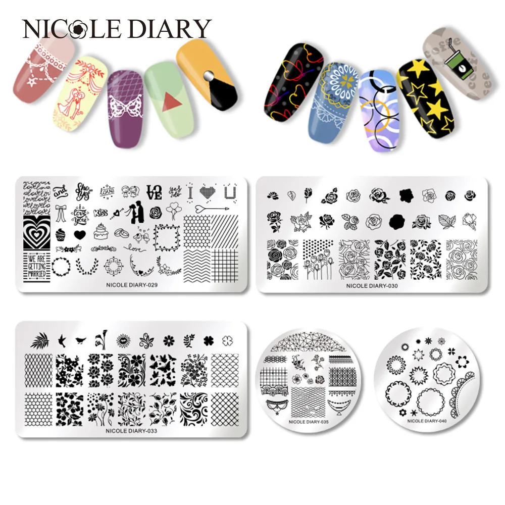 

NICOLE DIARY Valentine's Day Nail Stamping Plate Rectangle Round Nail Art Stamp Image Template DIY Nail Plate Print Stencil