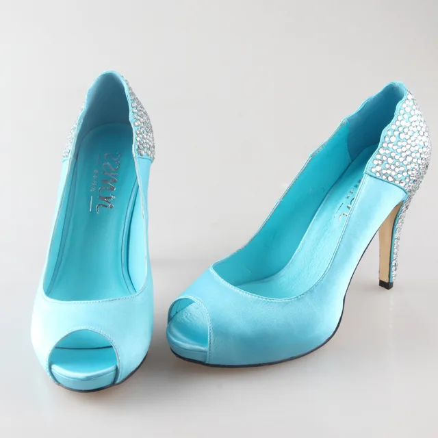 Handmade aqua blue turquoise rhinestone heels open peep toe woman ...