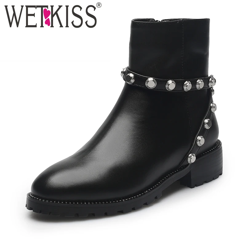 

2018 Street Ankle Boots Cool Rivet Autumn Boots Made Of Genuine Leather Women Shoes Square Heel Side Zipper Footwear