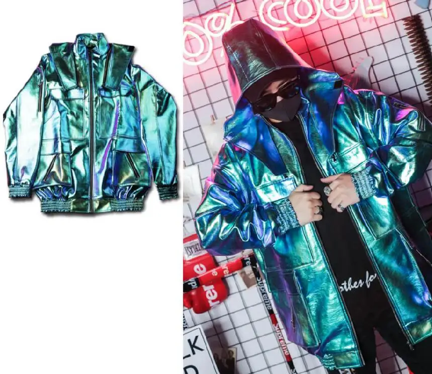

New Bigbang DJ singer colorful reflector light PU leather jacket dress hip hop dance fit for performance Cosplay Costume