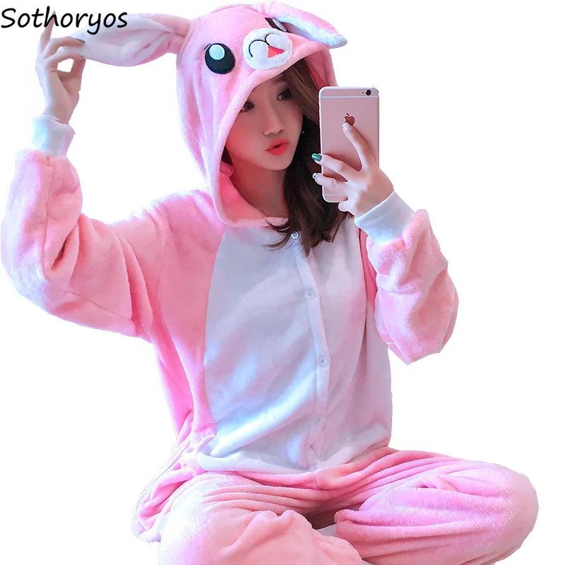Onesies Women Hooded Long Sleeves Cartoon Pockets Warm Kawaii Womens