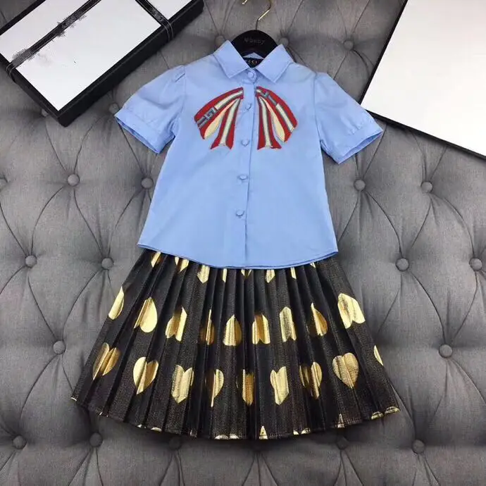 

2019 Summer Kids Cute Bow Clothing Set Girl Kids Letter Blue Tee Top +Black Golden Hearted Skirt High-Grade Clothing Set