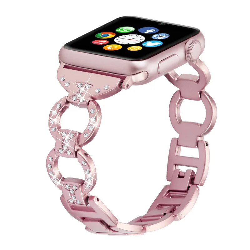 Bling из натуральной кожи часы ремешок для Apple Watch iWatch 4/3/2/1 бриллиант Стразы Нержавеющая сталь металлический браслет ремешок для наручных часов Iwatch, ремешок 82003 - Цвет ремешка: Rose Pink
