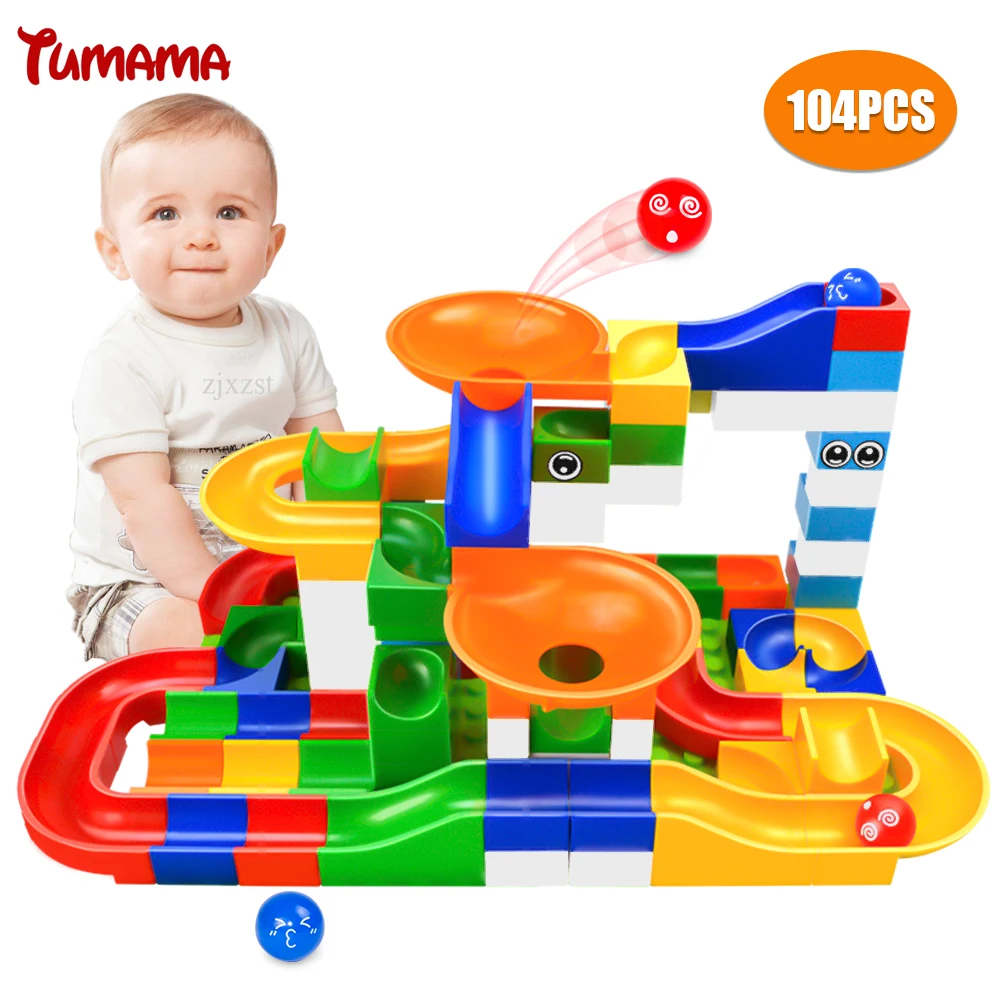 104PCS Marble Race Run Maze Ball Track Building Blocks Plastic Funnel Slide Big Size Bricks Compatible With Legoed Duplo Blocks