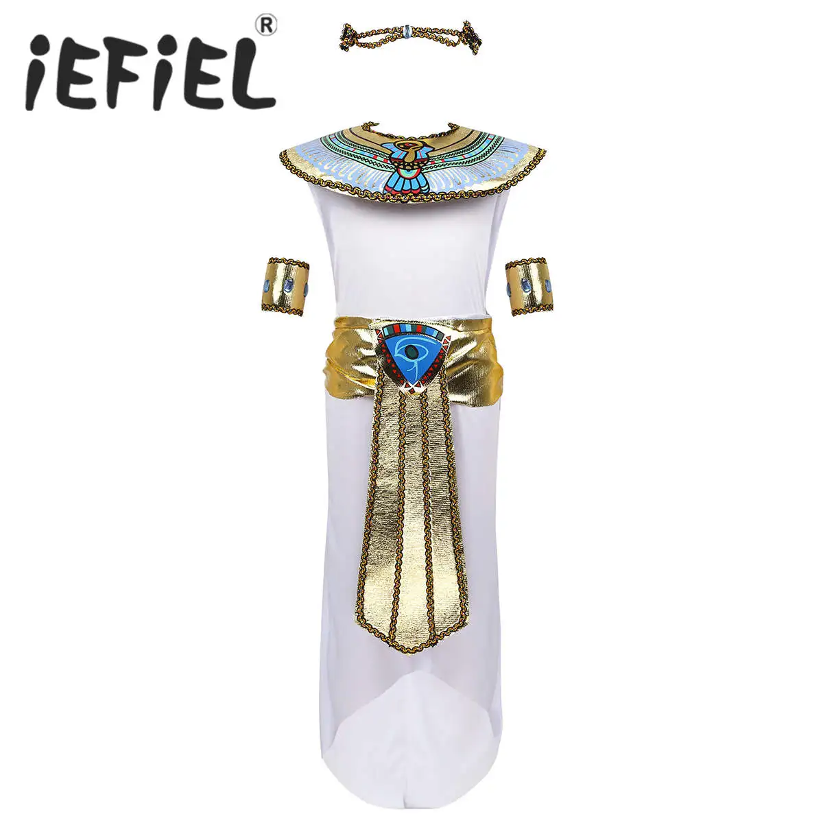 Детская египетская принцесса, платье, костюм платье с высоким низом и головной убор, воротник, повязки на голову, набор для Хэллоуина, косплей, вечерние