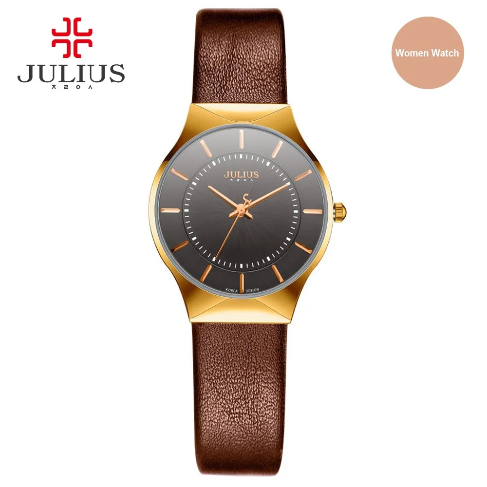 JULIUS JA-577 коричневый серебряный ультра-тонкий 9 мм простой бренд часы стройный из натуральной коровьей кожи Япония кварцевые часы 3ATM
