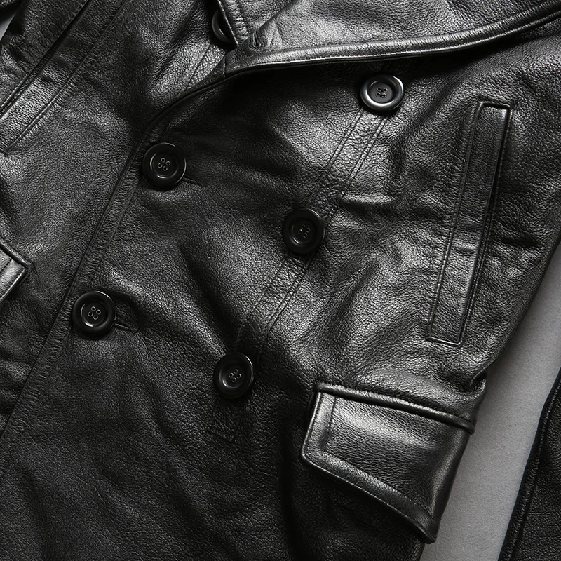 Black Friday Read Description! Asian size excellent cow leather winter jacket men's classic cowhide leather pea coat A1657