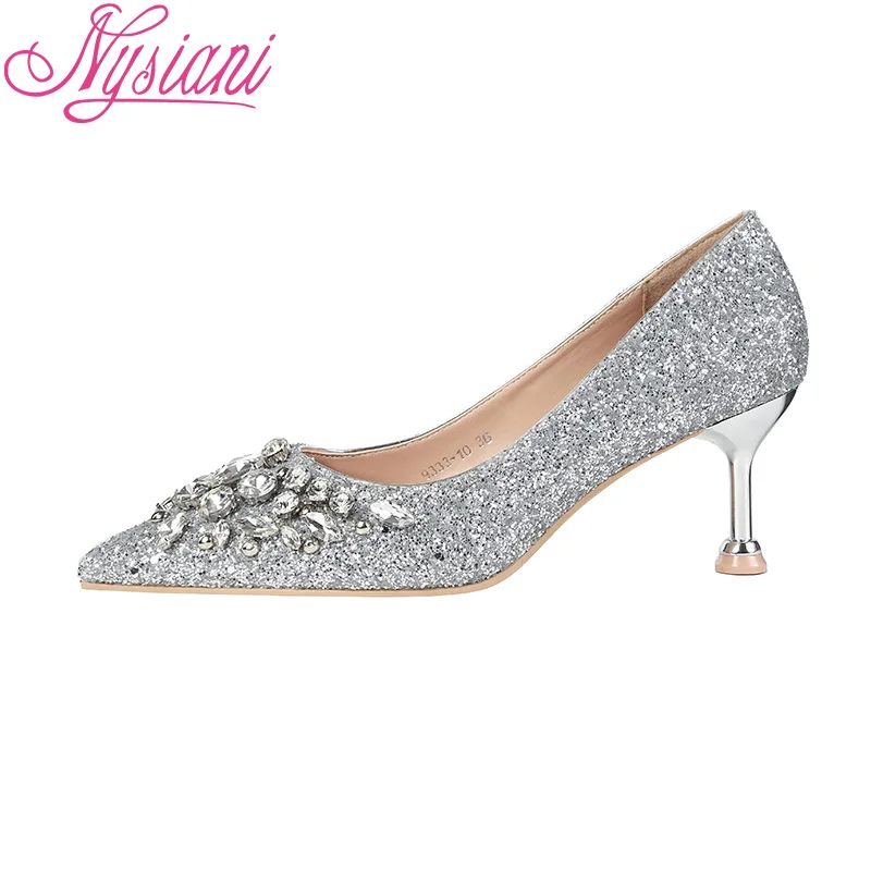 

2019 Spring Women Pumps High Heels Sequined Cloth Pointed Toe Slip-on Rhinestone Thin Heels Party Dress Pumps For Women Nysiani