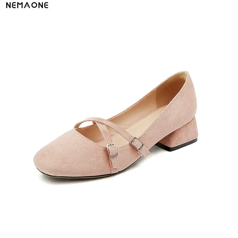 

NEMAONE Women Pumps Sexy Lady Female OL Shoes Woman Rome Style 4cm Med Square Heels Flock shoes woman Big Size 33-43