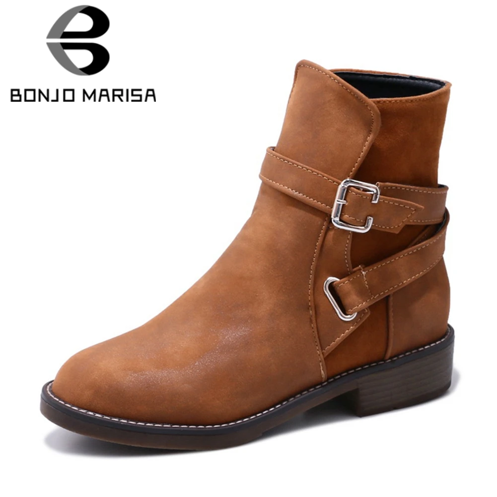 

BONJOMARISA 2019 Winter Big Size 34-43 Hot Sale Western Style Women Ankle Boots Flat Low Heels Add Fur Boots Shoes Woman