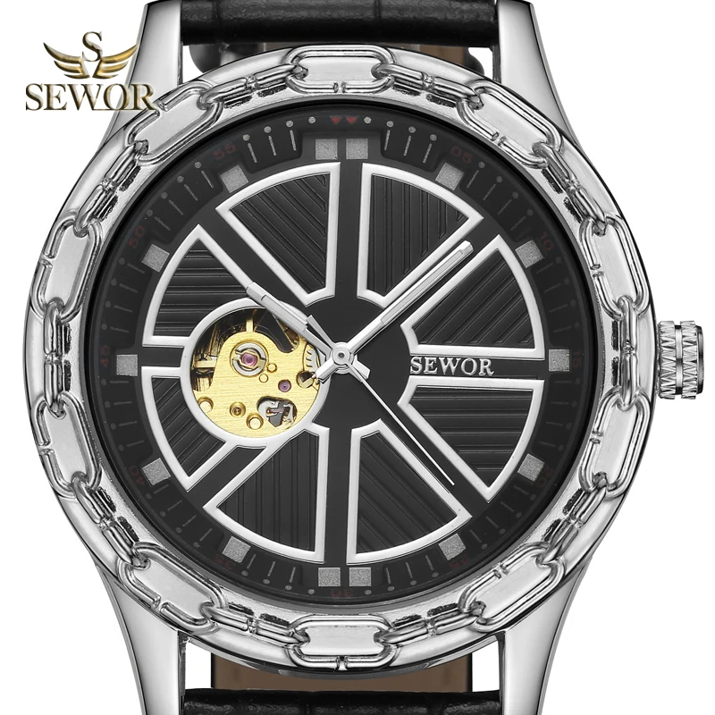 

SEWOR Mens 2019 New Fashion Chalet Yoke Shape BLACK SLIVER Sport Watch Men Mechanical Automatic Watch relogio masculino C383