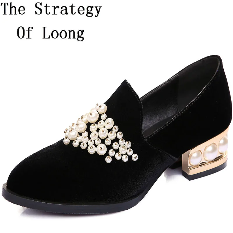 

Velvet Fabric Pointed Toe Square Heels Spring Autumn Shoes Fashion Pearls Pleuche Shoes 20170126