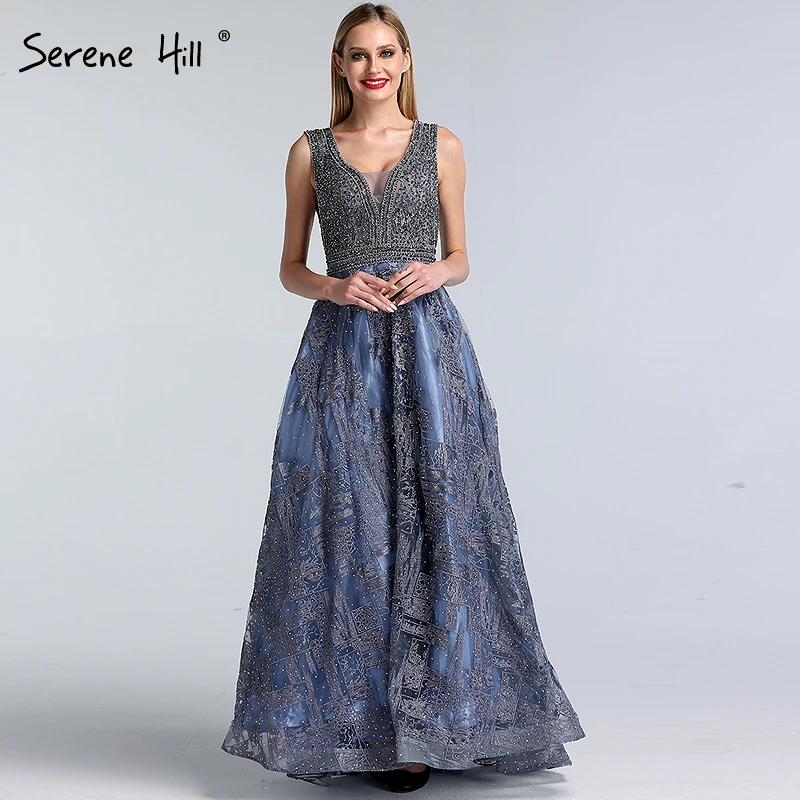 

Dubai Design Luxury Blue V-Neck Evening Dresses 2019 Crystal Sleeveless Beach Evening Dress Long Real Photo LA60839