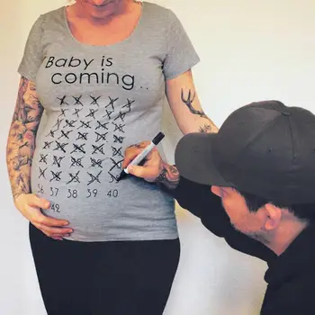 

Pregnancy Women Short Sleeve Maternity Summer Letter Print T-Shirt Mother Cotton Loose Plus Size Tee Baby Is Coming Photo Props