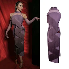 Сексуальное платье с бахромой для латинских танцев, женское, черное, фиолетовое, танго, Самба, ча-Румба, практичная Одежда для танцев, нестандартная одежда с кисточками DC1500