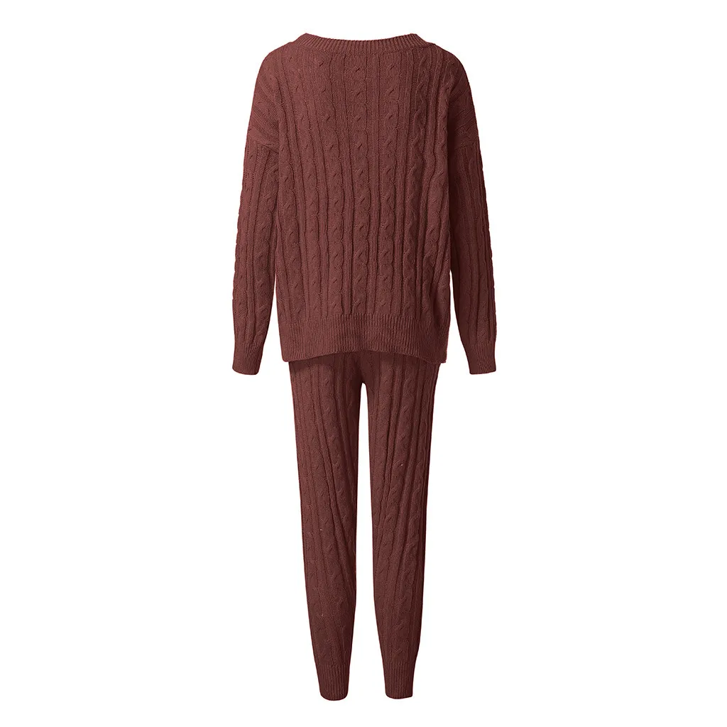 S-3XL Two piece set women's off-the-shoulder solid color suit sweater 2PC cable knit warm casual wear suit