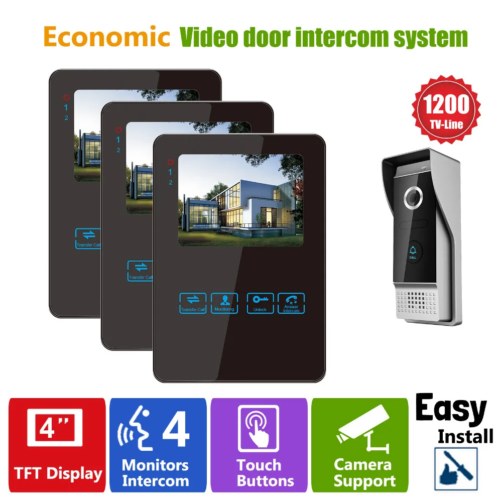 Homefong VideoIntercom Door Phone Doorbell Intercom  4inch Black 4 Wires 1V3 Slim Design HD Night Vision 1200TVL Waterproof