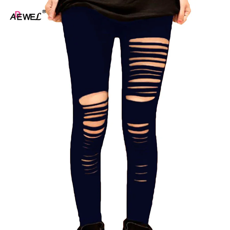 Женские леггинсы с дырками ADEWEL черные повседневные в стиле панк рок|leggins casual|black