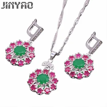 

JINYAO Luxury White Gold Color Jewelry Flower Red Green Zircon Pendantcklace Earrings Sets For Women Wedding Party Jewelry
