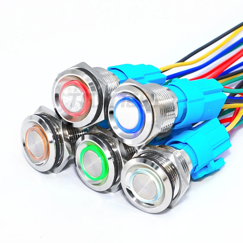 

19mm Metal annular Push Button Switch 12V 24V 110V 220V LED Lamp Illumination Waterproof Momentary Latching Switch Ring Light
