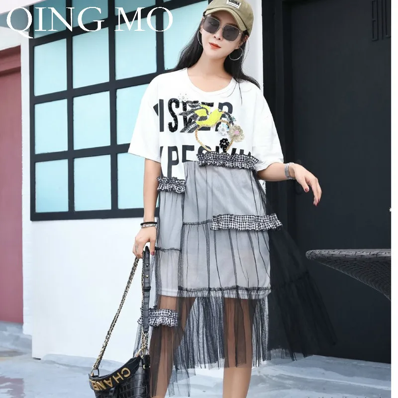 

QING MO Women Black White Letter Print T Shirt Dress Women Mesh Patchwork Mid-Calf Dress Women 2019 Summer Dress ZQY900
