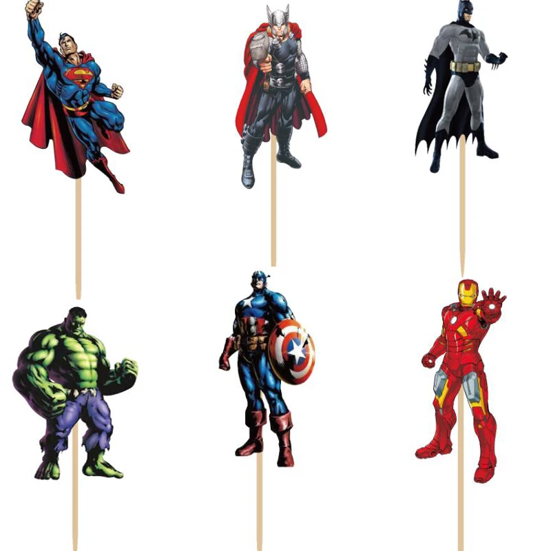 

24pcs Avengers hero Superman Captain America Batman Hulk Iron man Cupcake Toppers Picks boy's birthday party decorations kids