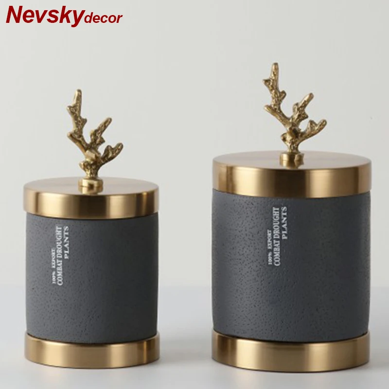 

Modern blue cement vase for dining room Cement table candy jar for living room Gold trim Cement pen holder Office work Decor
