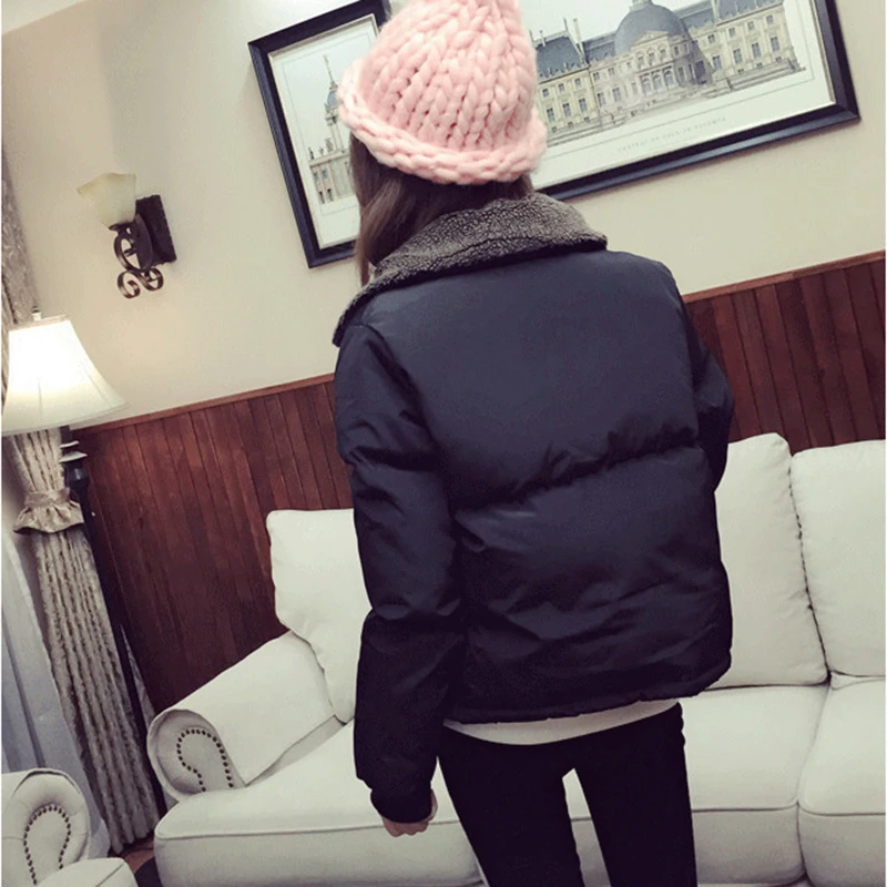 Lambswool Neck Winter Jacket Women Padded 2019 New Casual Loose Black Coats Ladies Warm Parkas Zipper Outerwear
